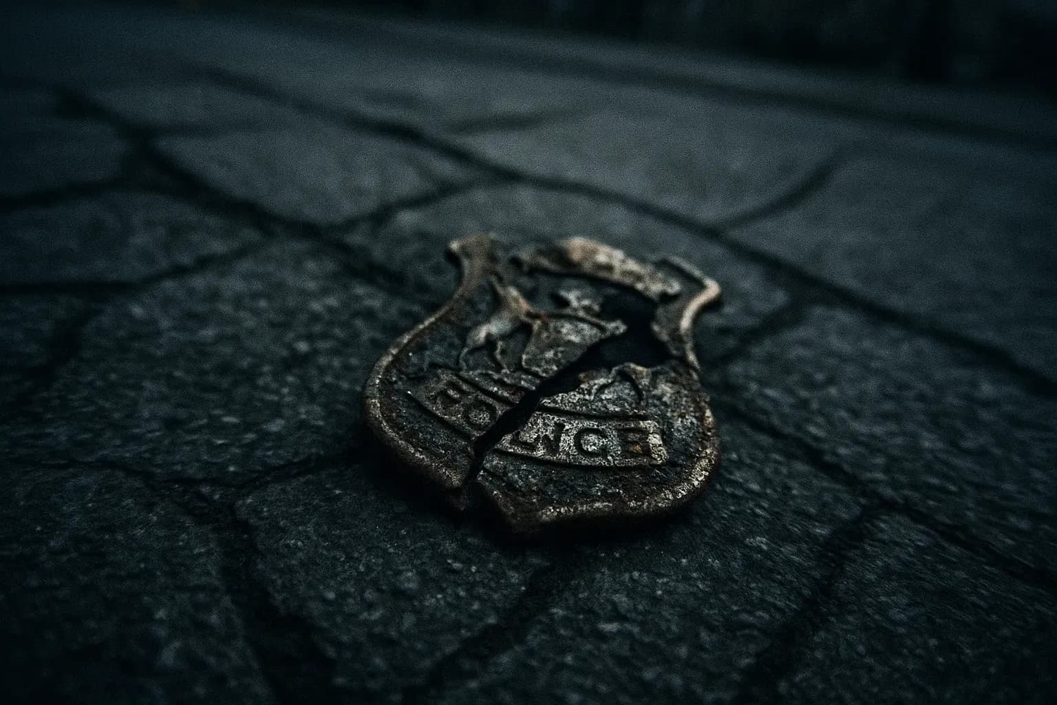 A broken, rusted Detroit Police Department badge lies discarded on a cracked pavement, symbolizing decades of corruption and scandals within the department.