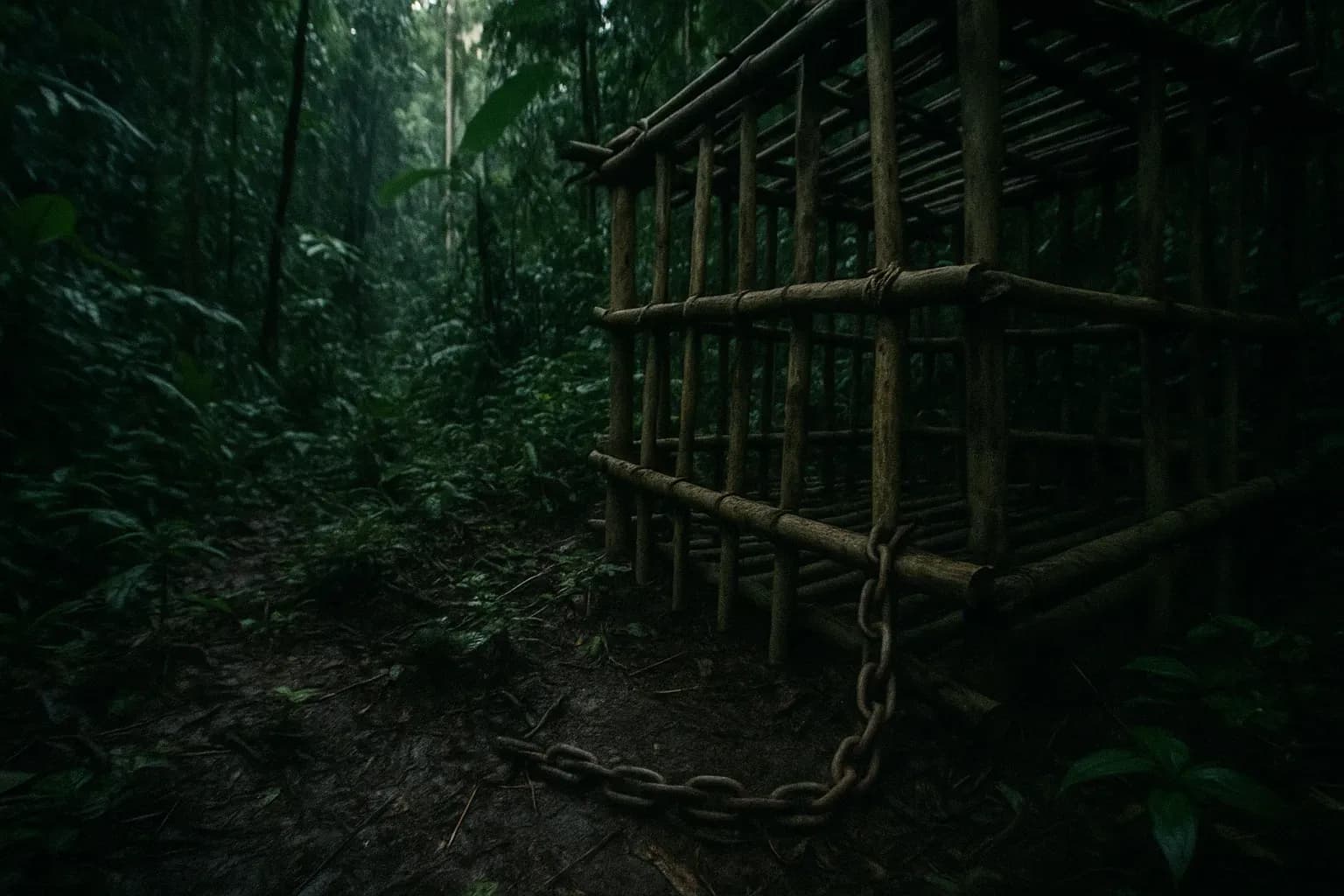 A dense jungle setting in Laos with a makeshift bamboo cage, chains, and jungle undergrowth, emphasizing the harsh environment where Dieter Dengler escaped captivity, symbolizing his struggle for survival and resilience