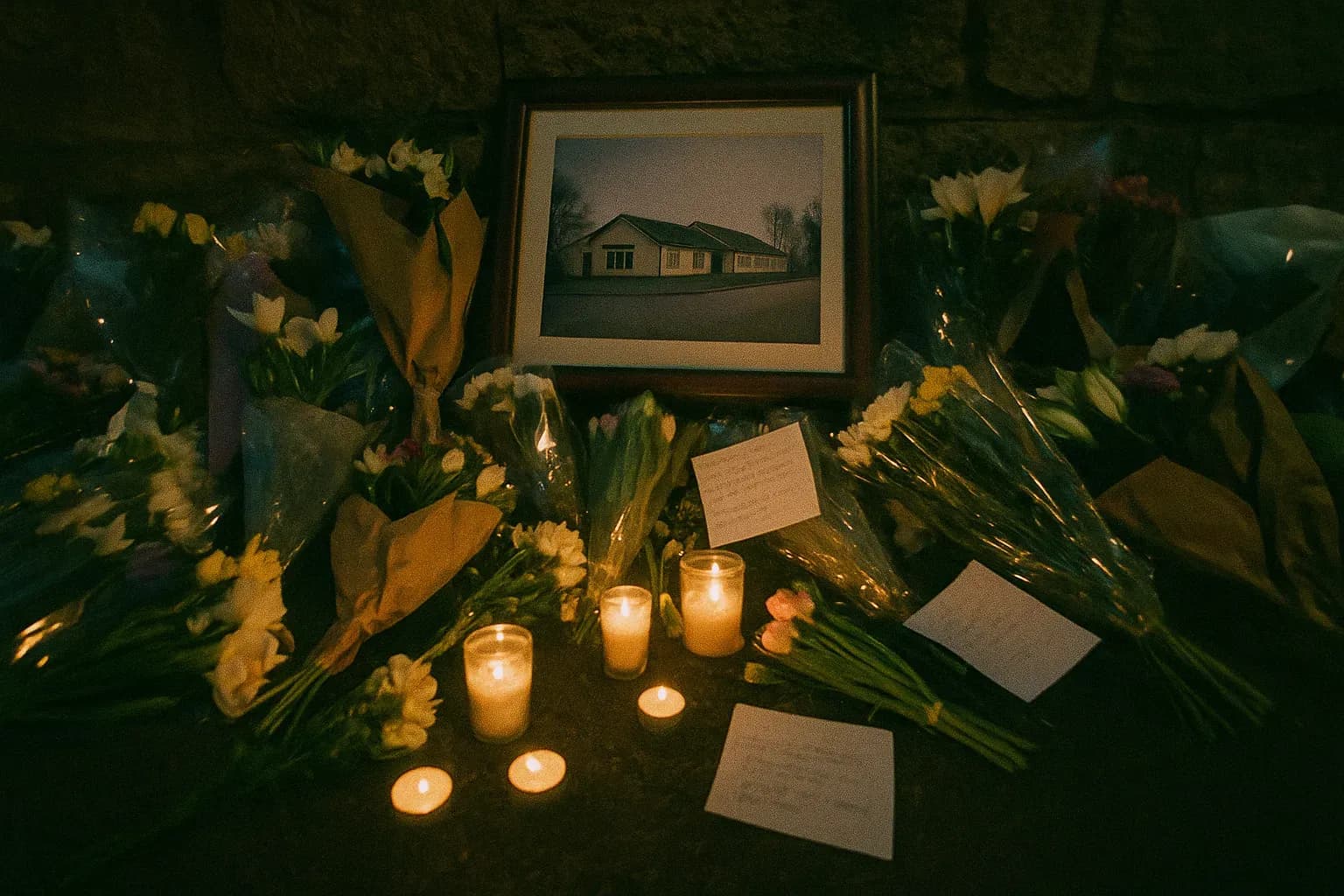 A memorial in Dunblane with flowers, candles, and handwritten notes lies beneath a framed photo of the school, symbolizing the community's grief and the Snowdrop Campaign for gun reform