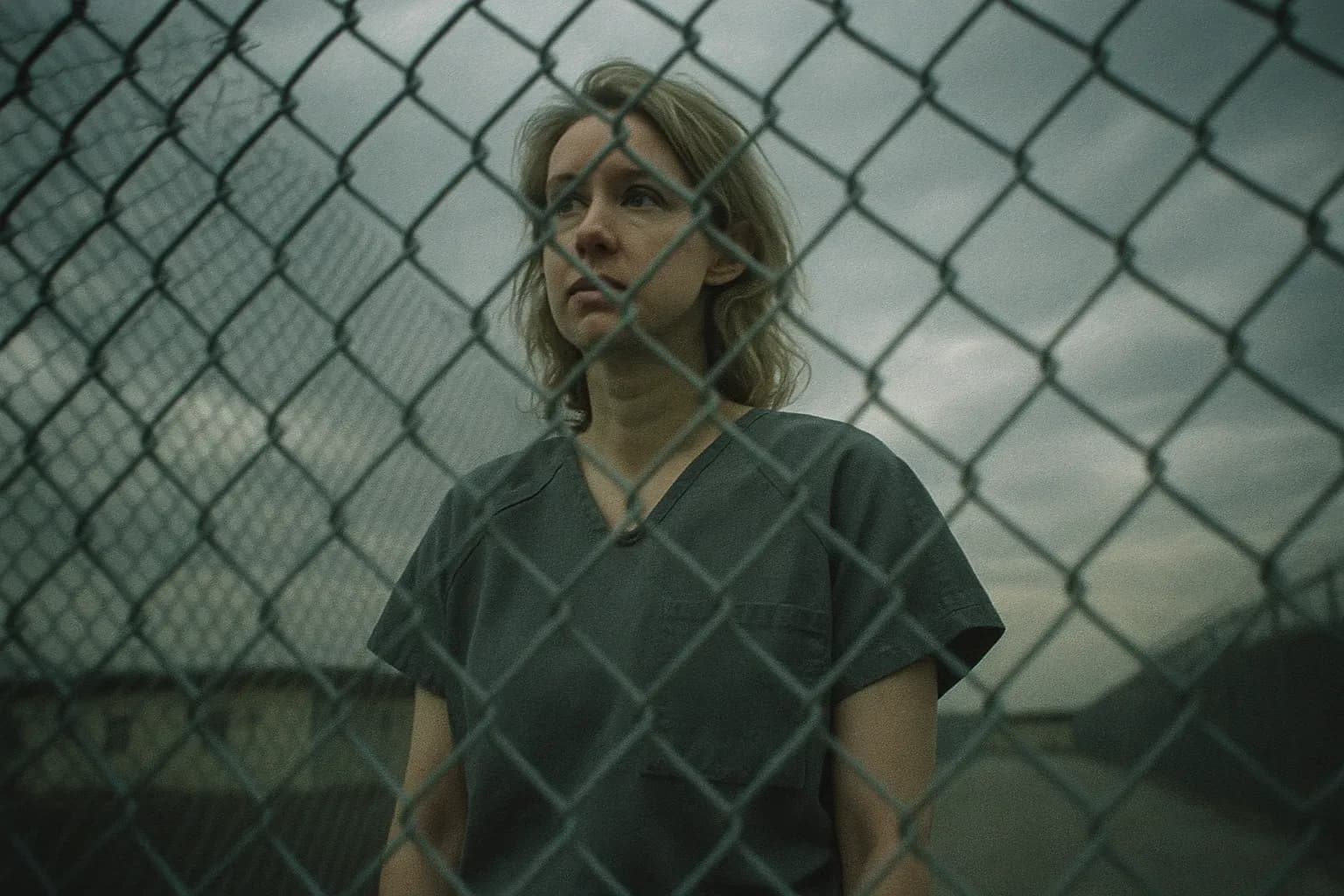 A figure resembling Elizabeth Holmes, in a gray prison uniform, standing behind a wire fence with a distant, contemplative expression.