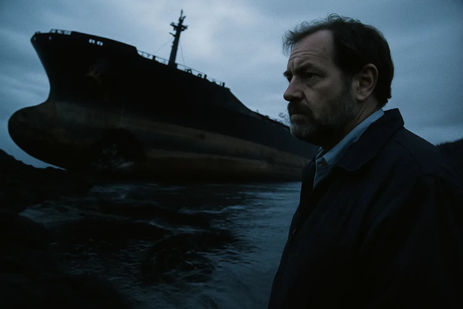 A figure resembling Captain Joseph Hazelwood stands near the grounded Exxon Valdez, its hull breached, oil slick visible in the water around Bligh Reef, Alaska, symbolizing the environmental disaster's beginnings.