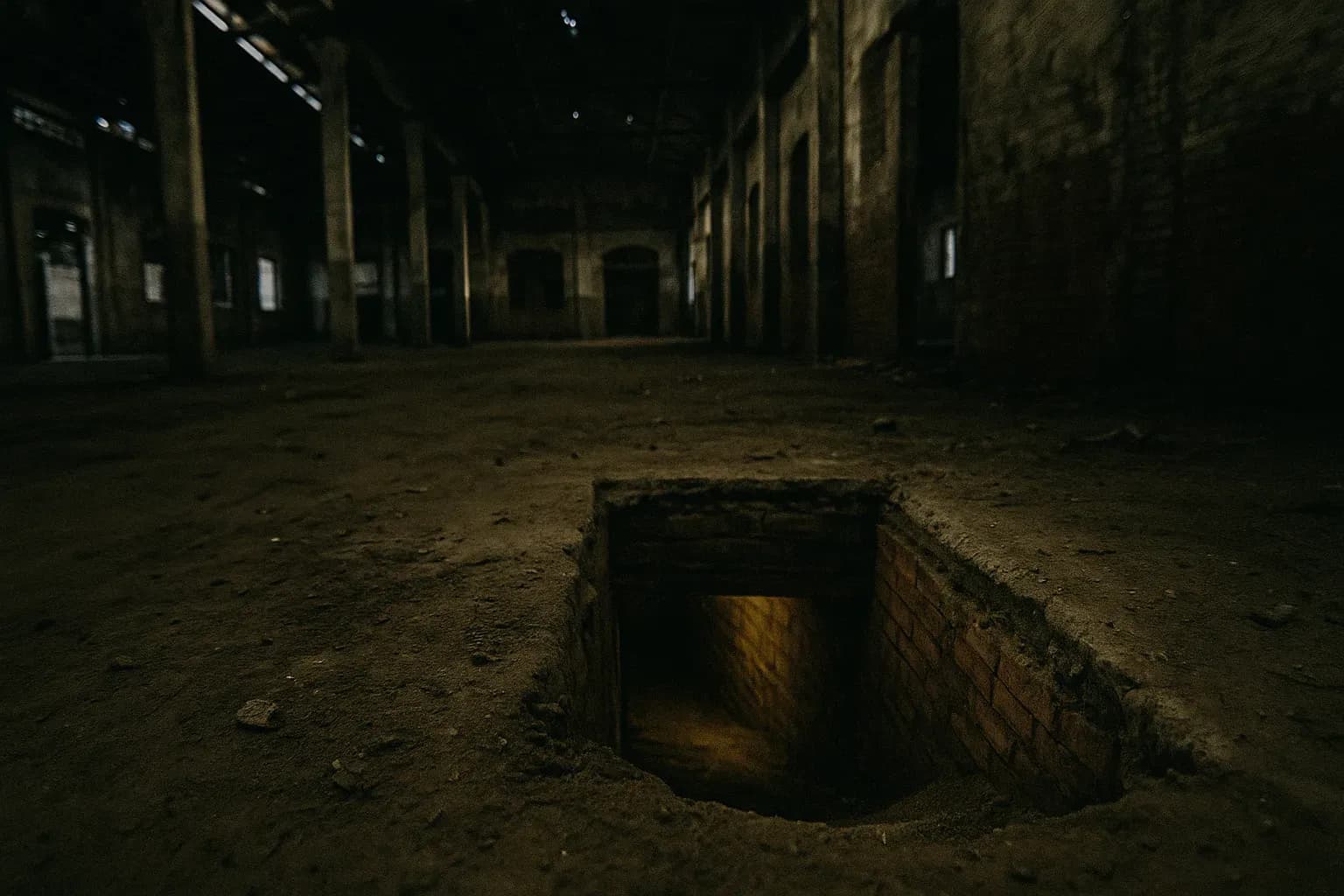 An abandoned factory in Fortaleza, with a hidden entrance to an 80-meter tunnel used in the 2005 Banco Central heist, dirt scattered and dim light illuminating the underground passage.
