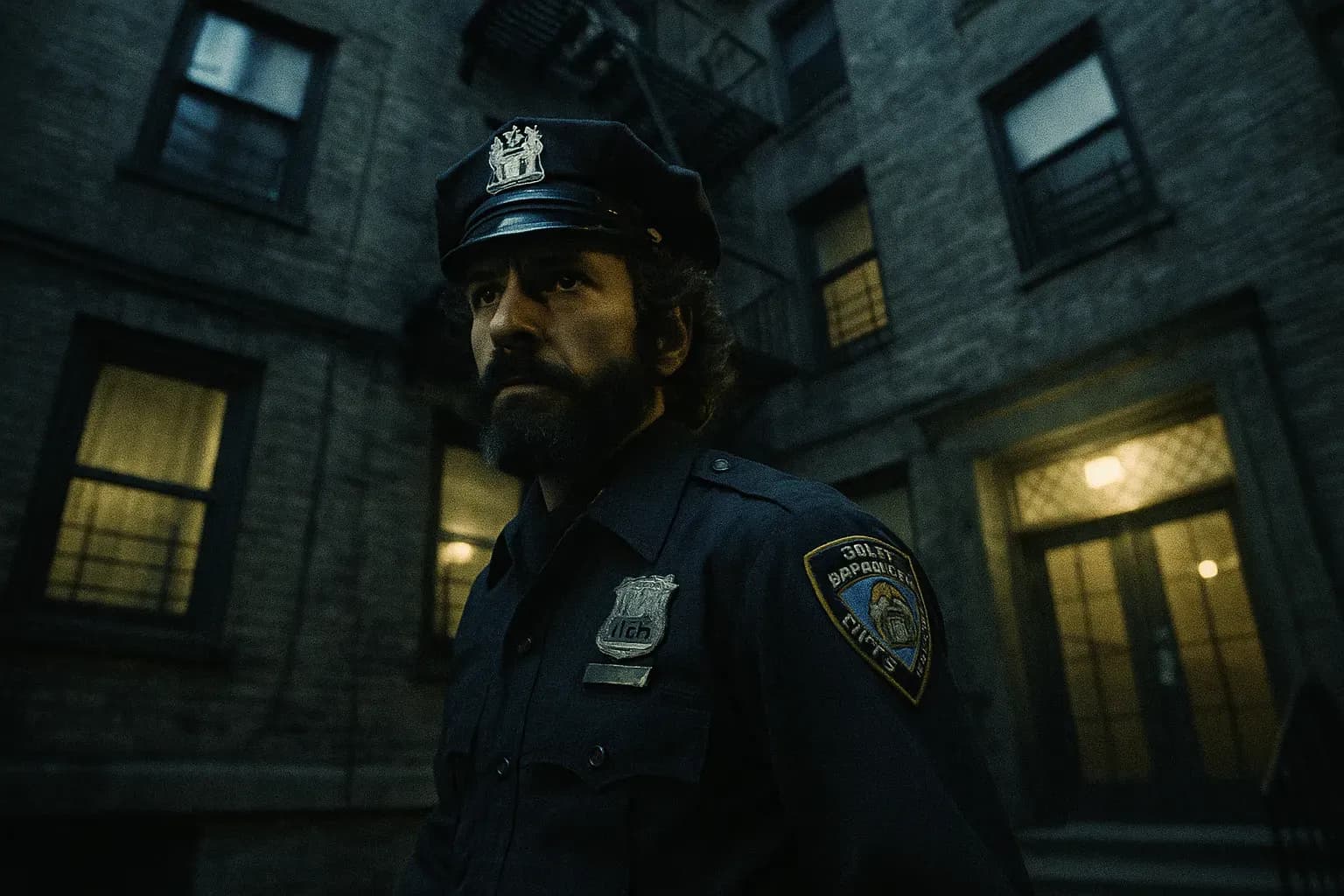 A figure resembling Frank Serpico, wearing an NYPD uniform from the 1970s, stands with determination outside a Brooklyn apartment building, his expression focused and resolute, symbolizing his battle against police corruption