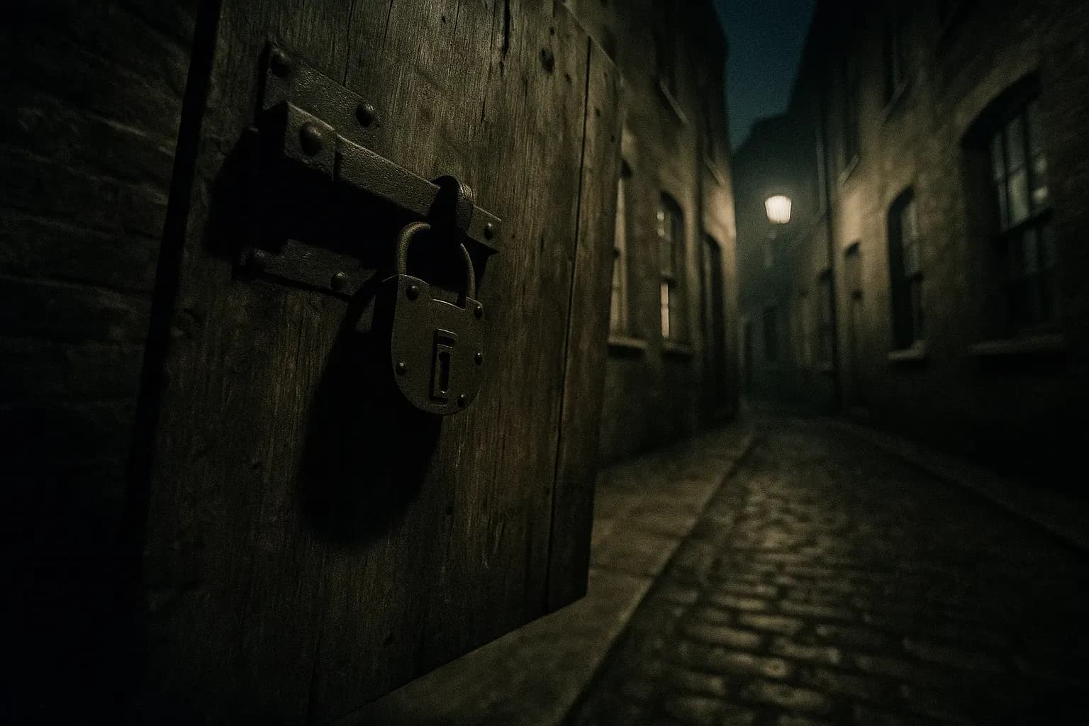 A wooden door with a heavy iron lock hangs ajar in a dimly lit 18th-century London alley, symbolizing Jack Sheppard's audacious escapes.