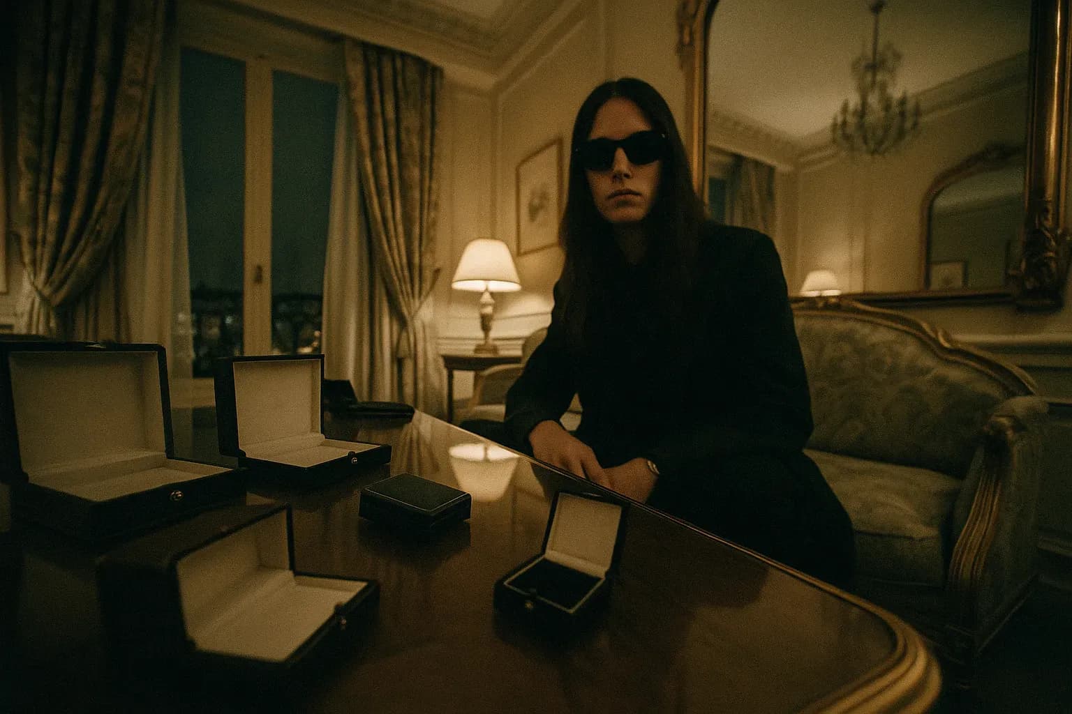 A figure With long dark hair in sunglasses sits in a luxurious Paris hotel suite, vacant jewelry cases strewn across a lavish dressing table.