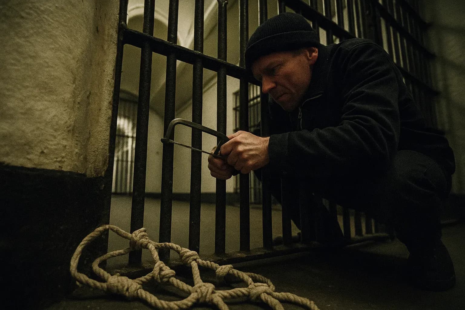 A figure resembling Brian Bo Larsen uses a hidden saw to cut prison cell bars, with discarded rope ladder made of linen nearby at Vridsløselille.