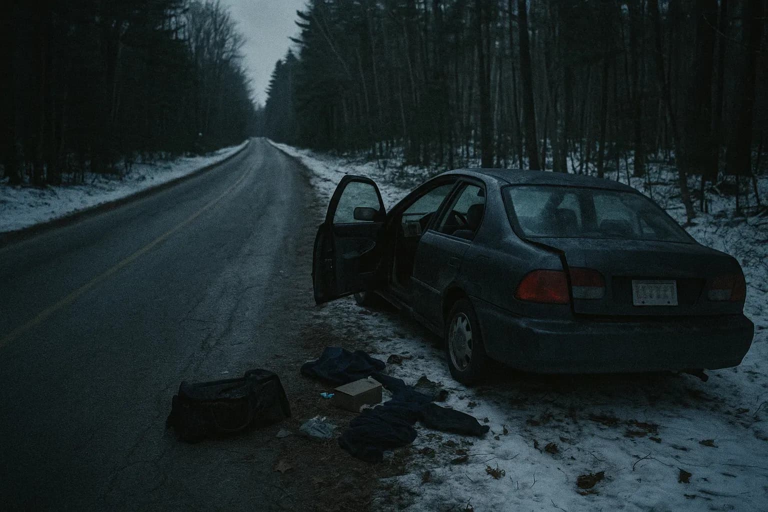 A deserted road stretches through a snowy forest in New Hampshire, with an abandoned, damaged car bearing Massachusetts plates on the roadside, doors ajar, surrounded by scattered personal belongings in the fading winter light.