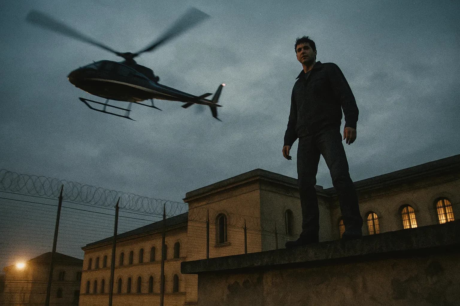 A figure resembling Pascal Payet stands on the rooftop of a French prison, a helicopter hovering nearby with its blades spinning, symbolizing his infamous escapes.