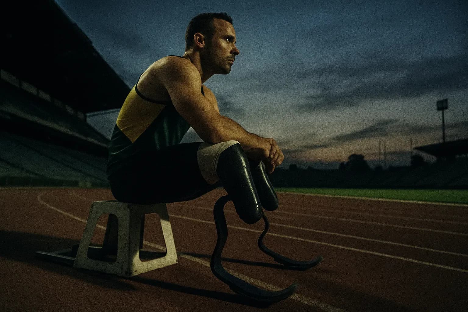A figure resembling Oscar Pistorius is seated on a track starting block in an empty stadium, wearing his signature running blades, staring intently at the horizon as dusk falls.