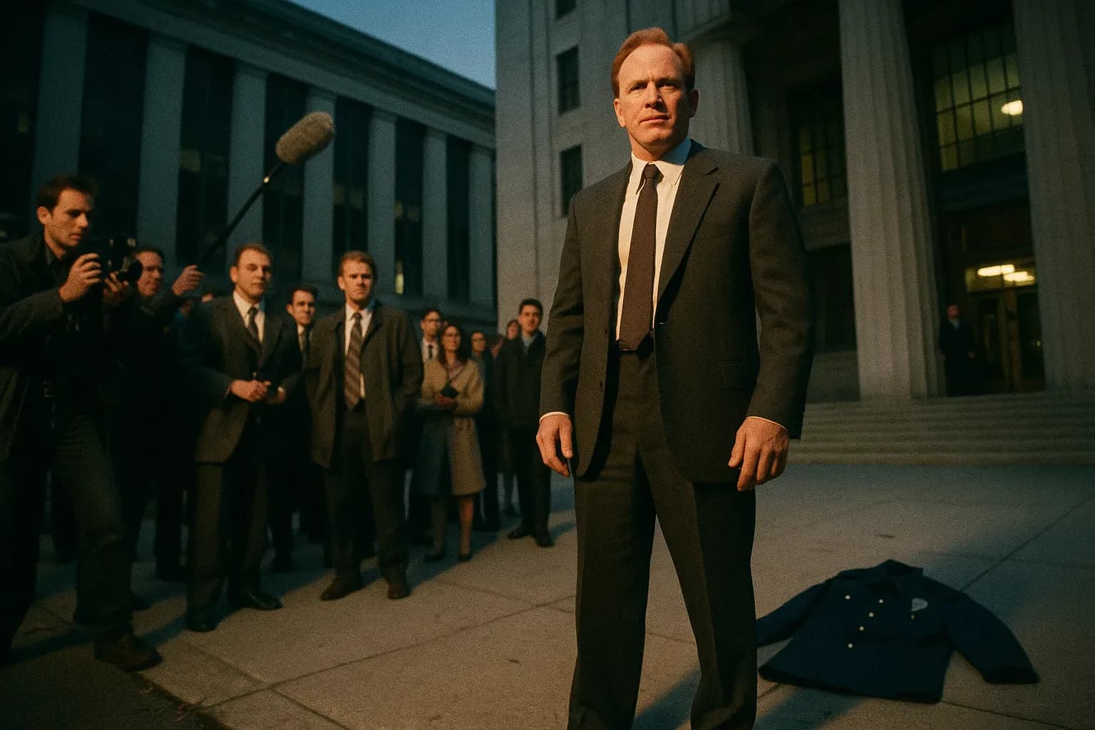 A figure resembling John 'Red' Kelley stands confidently outside a federal building, wearing a suit, amidst reporters and onlookers, while nearby, an empty police uniform lies discarded on the sidewalk.