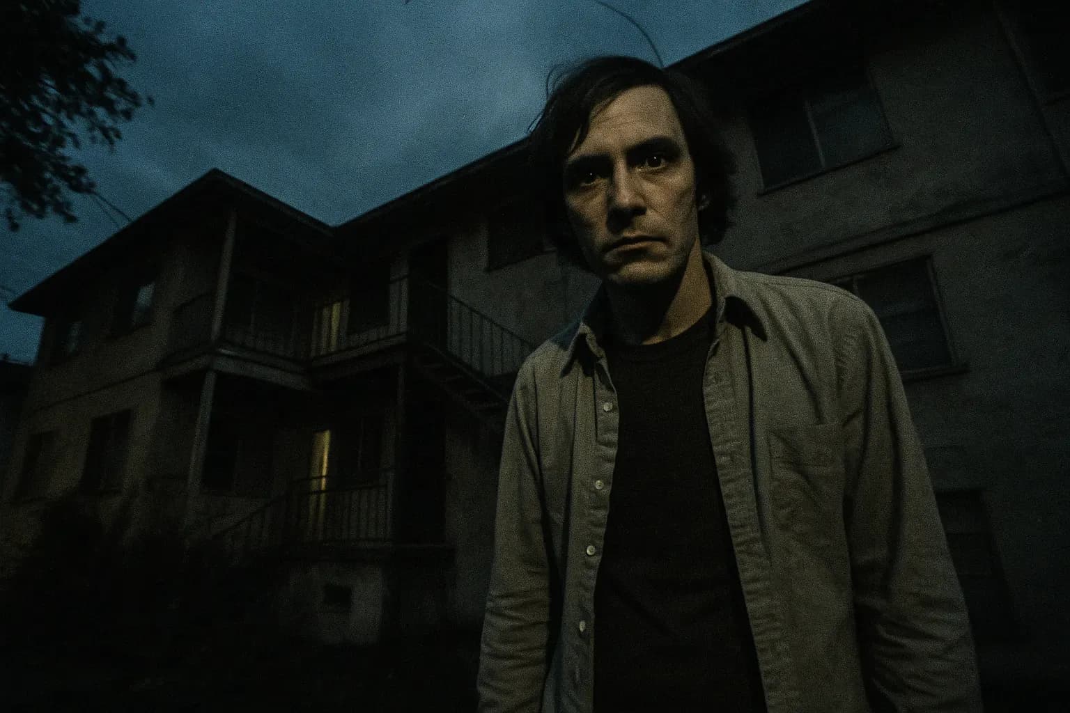 A figure resembling Richard Trenton Chase stands in front of a dilapidated Sacramento apartment building, casting an eerie presence over the scene, evoking the chilling atmosphere of his reign of terror in the late 1970s