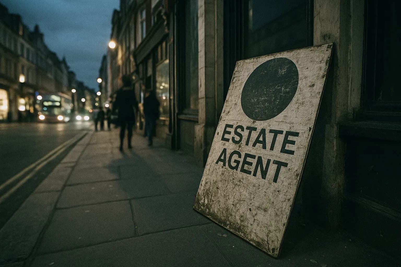 A weathered estate agent sign leans against a vacant storefront in London, symbolizing Suzy Lamplugh's unsolved disappearance, with the neighborhood bustling in the background.
