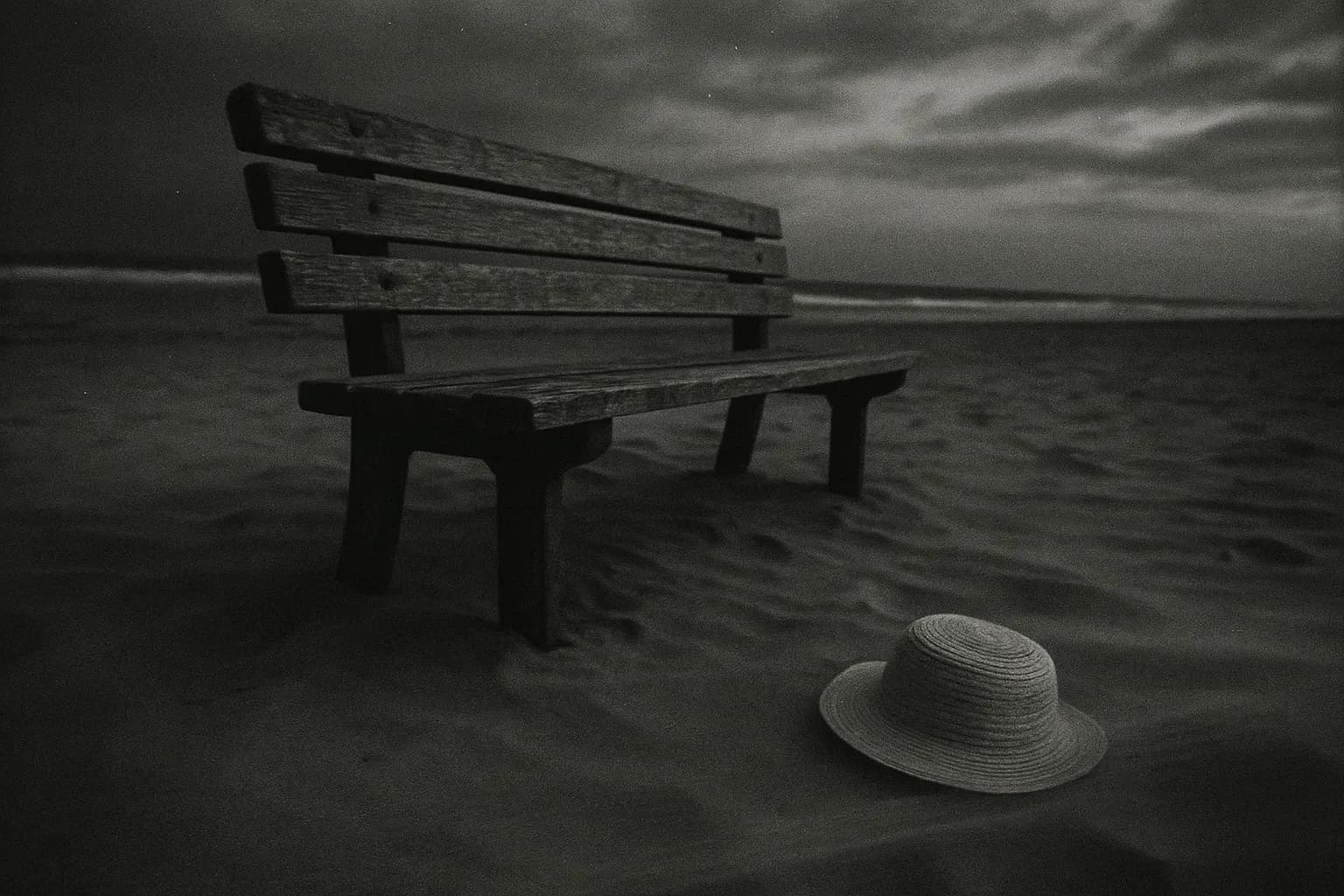 A weathered wooden bench on Glenelg Beach stands empty, sand gently blowing past. A child's sun hat lies abandoned nearby, evoking the Beaumont children's mysterious disappearance in 1966.