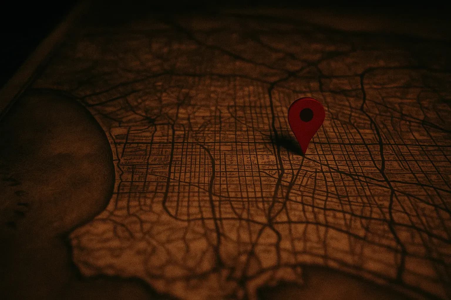 A vintage map of Los Angeles from 1947, with a bold red pin marking the Leimert Park area, symbolizing the location of Elizabeth Short's infamous murder discovery.