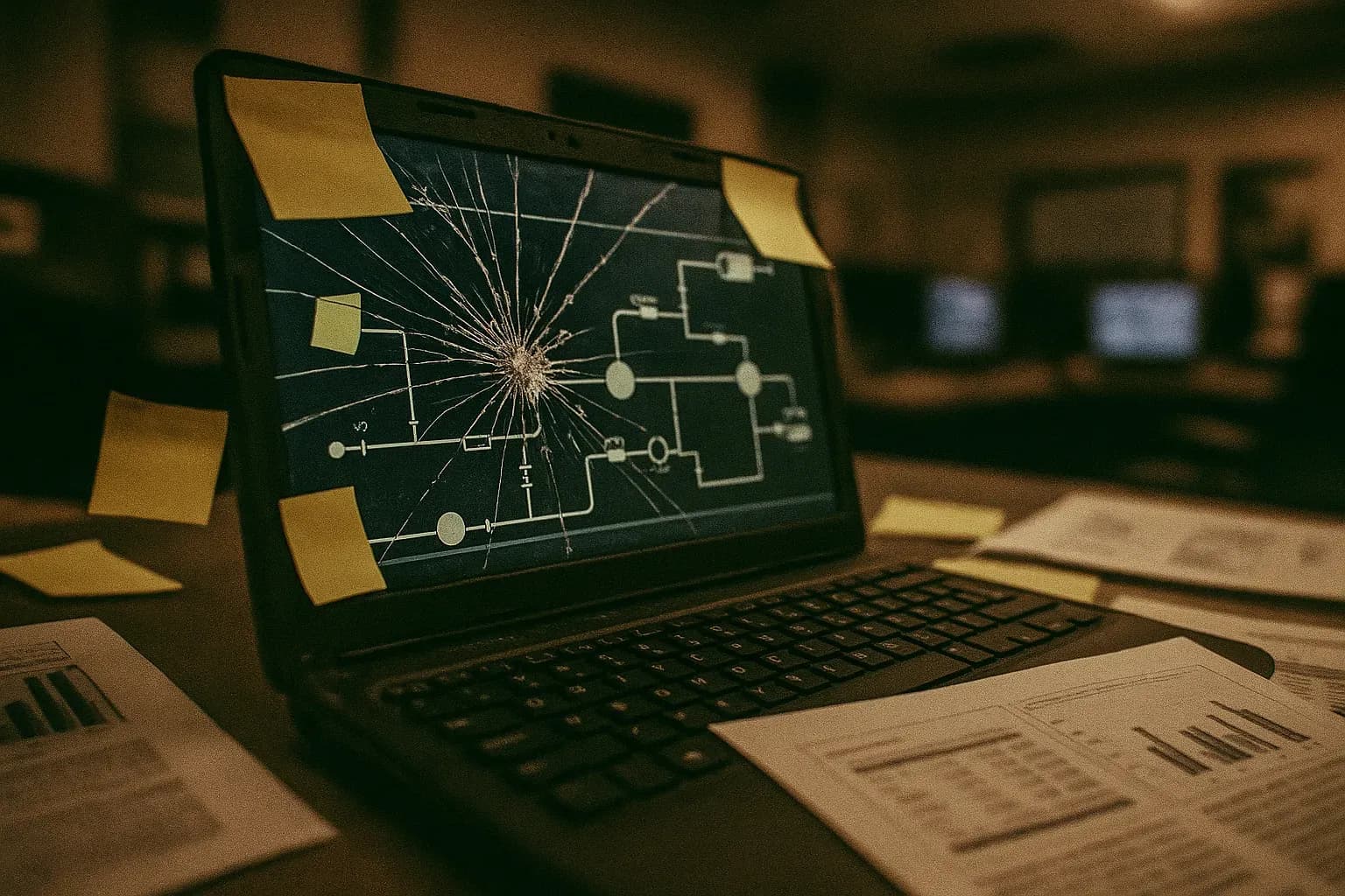 A laptop with a cracked screen displays a Colonial Pipeline control system interface, surrounded by sticky notes and reports, symbolizing the ransomware attack and ensuing chaos at the heart of America's energy supply chain.