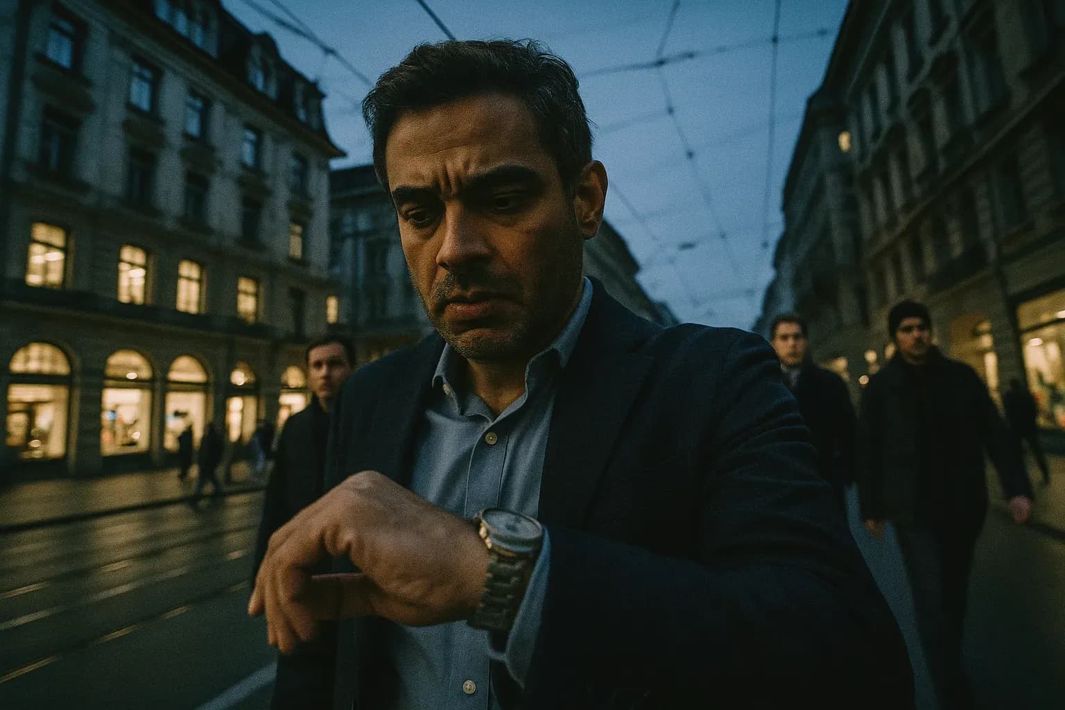 A figure resembling Iqbal Khan stands on a bustling Zurich street, checking his watch with a wary expression, as anonymous figures in the background appear to be following him discreetly.