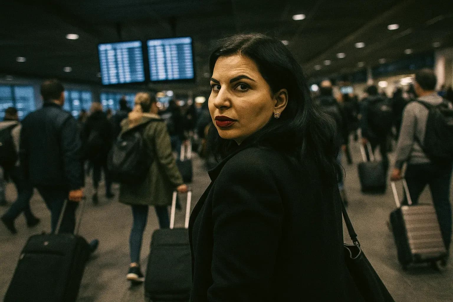 A figure resembling Ruja Ignatova, known as the "Cryptoqueen," walks through a crowded international airport, glancing over her shoulder, surrounded by travelers with rolling suitcases and departure screens in the background.