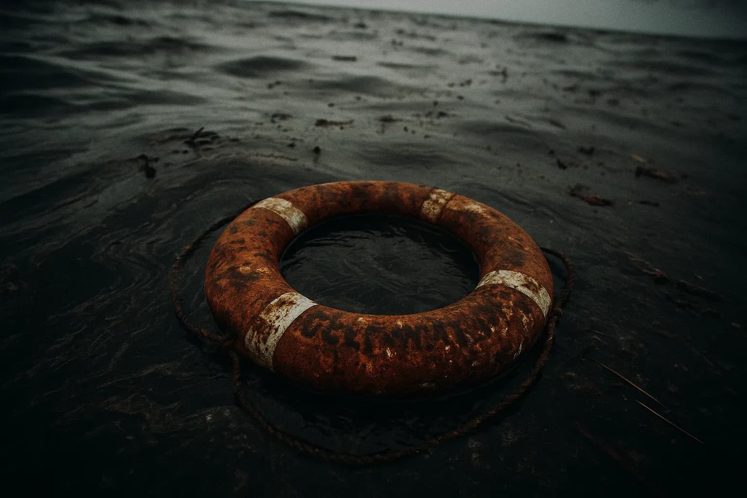 A rusting oil rig lifebuoy marked "Deepwater Horizon" floats in polluted waters of the Gulf of Mexico, surrounded by slick oil and debris.