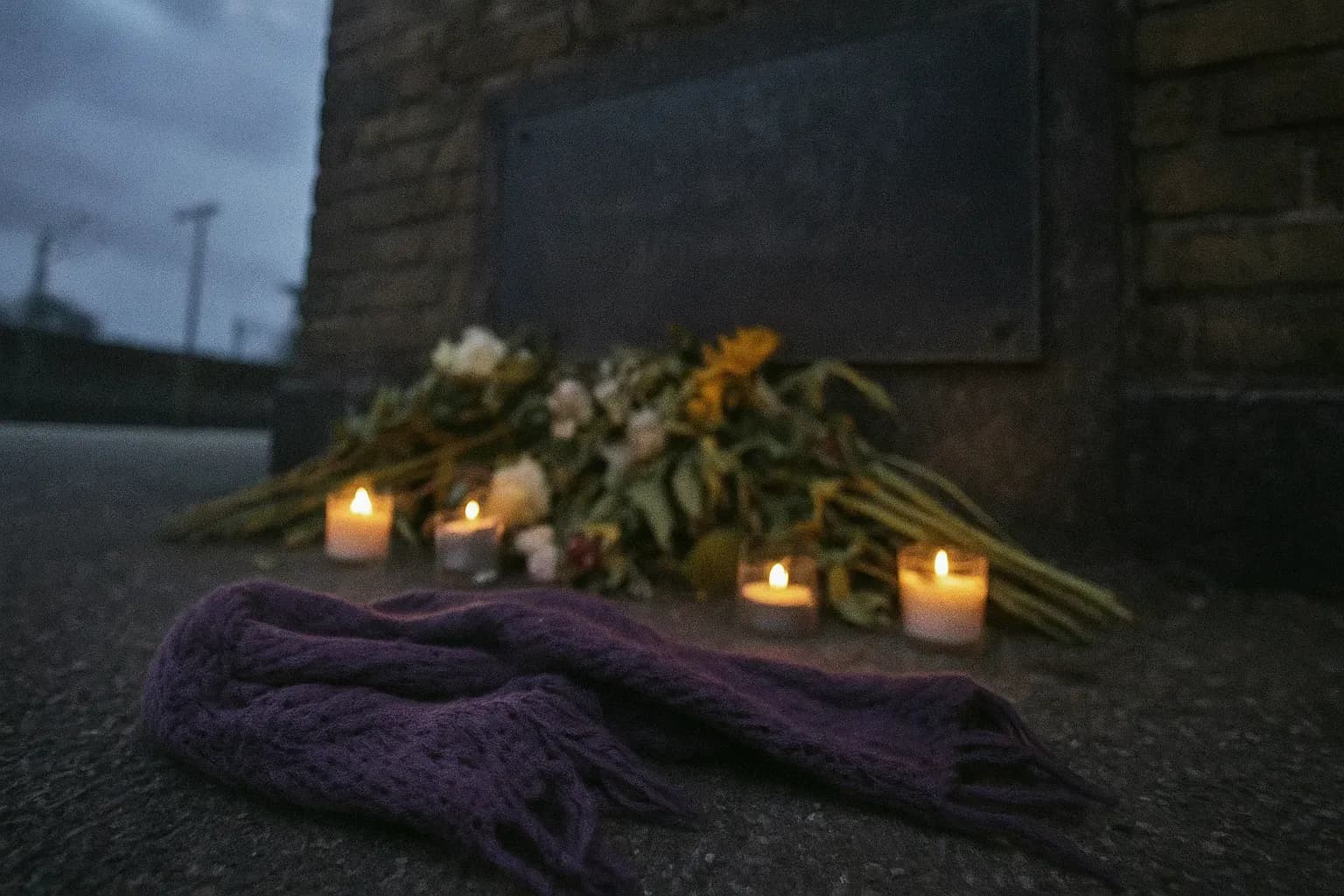 A worn purple scarf lies at the foot of a memorial plaque at Korsør Station, surrounded by wilted flowers and small candles flickering in the wind.