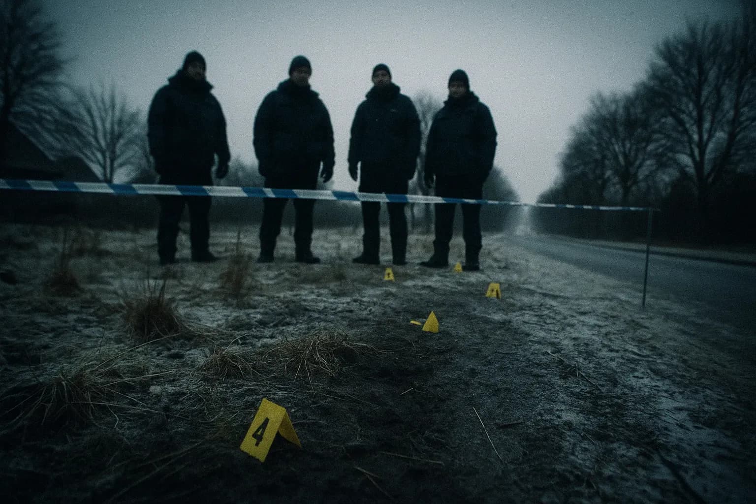 A chilling scene on Rolighedsvej in Herning where a search team stands near a cordoned-off area, the landscape stark and wintry. Markers and evidence flags hint at a tragic discovery made during the investigation.