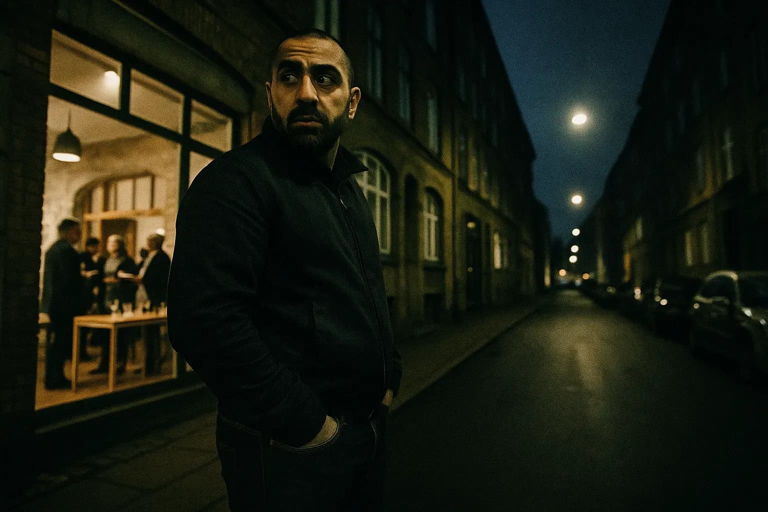 A figure resembling Nedim Yasar stands outside a book reception venue, hands in pockets, glancing cautiously over his shoulder on a dimly lit street in Denmark, where his story of leaving gang life unfolded.