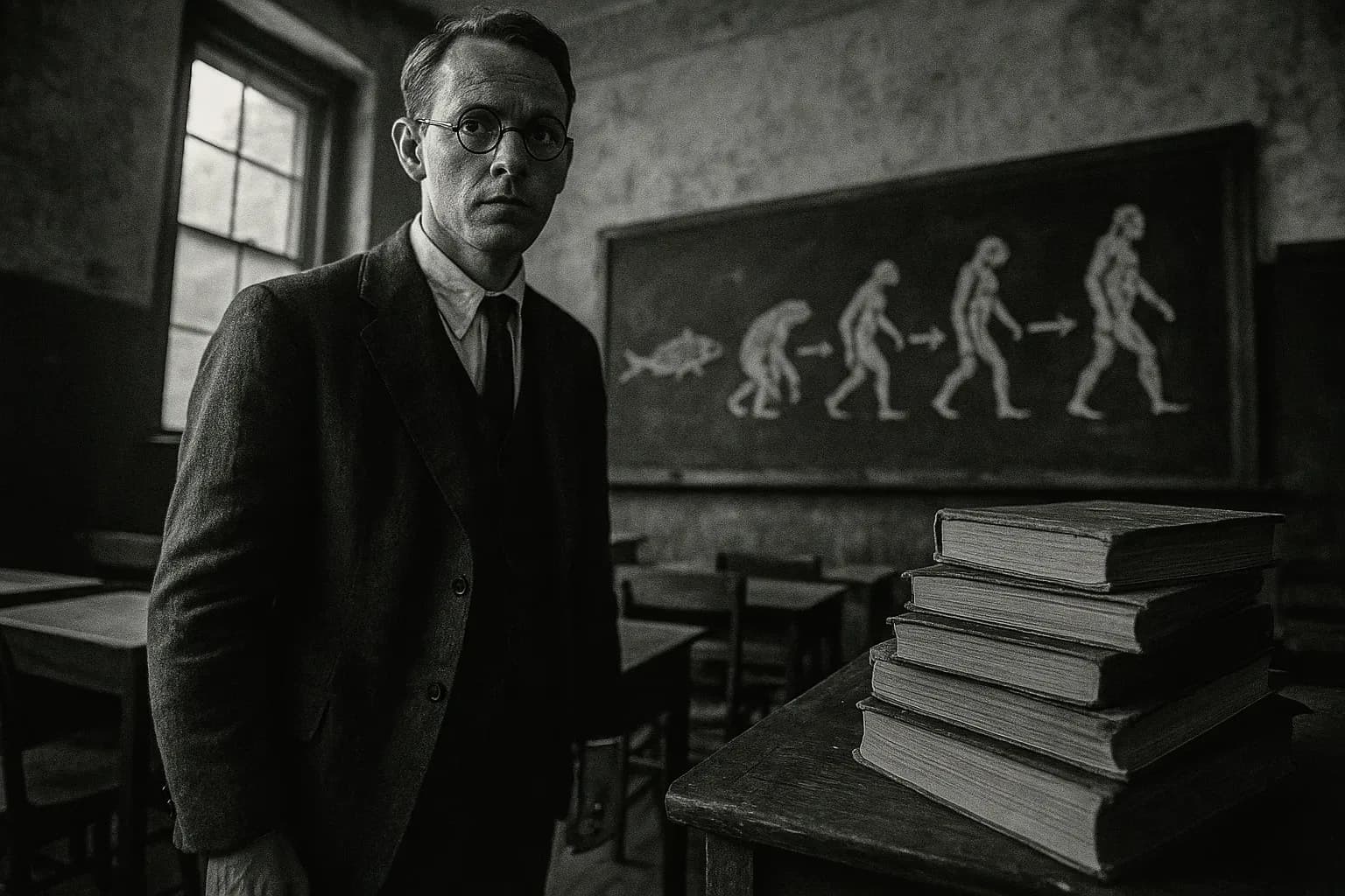 A figure resembling John Scopes stands in a Dayton classroom, surrounded by outdated science textbooks and a blackboard with evolutionary diagrams, capturing the tension between education and legality.