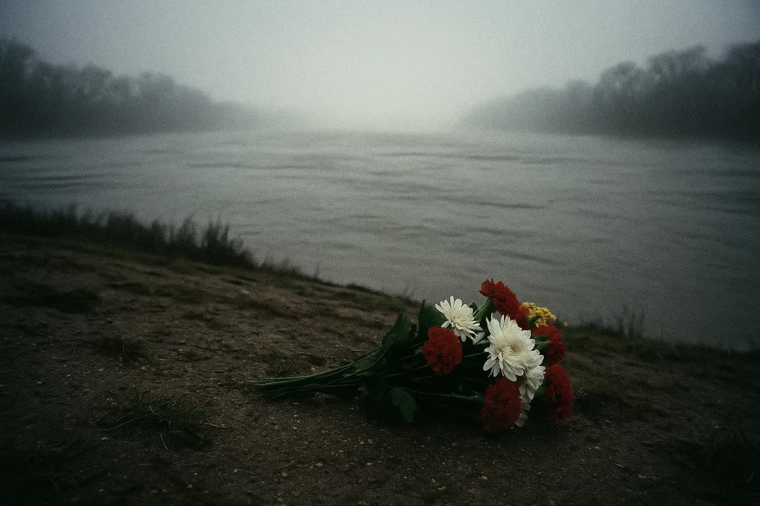 A snapshot of the Mississippi River viewed from a distance, the riverbanks partially obscured by fog, with a solitary bouquet of flowers left on the ground nearby, symbolizing Ylenia Carrisi's unsolved disappearance.