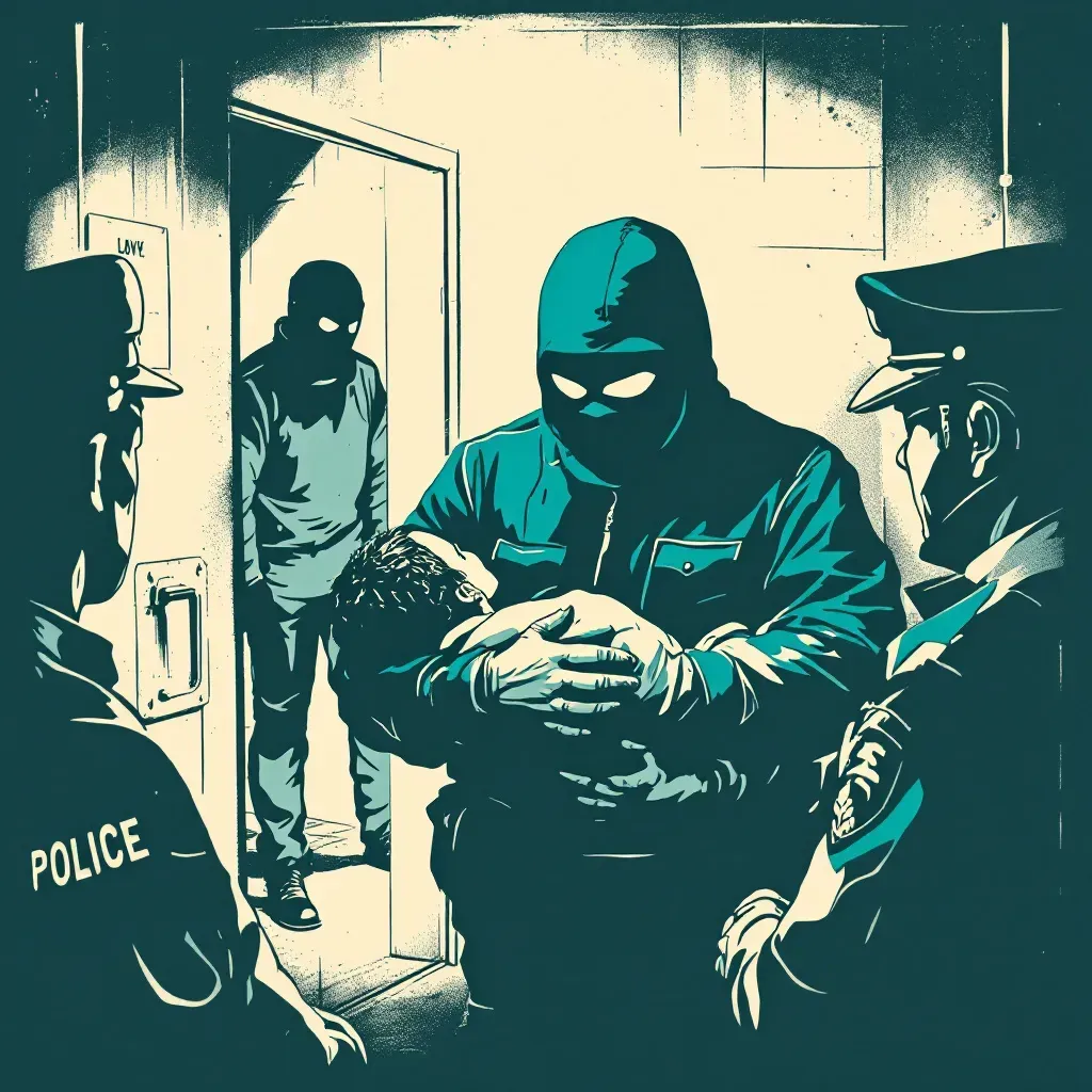 A tense scenario depicting a hostage situation, with a masked perpetrator holding a captive in a confined space, surrounded by urgent law enforcement negotiations.