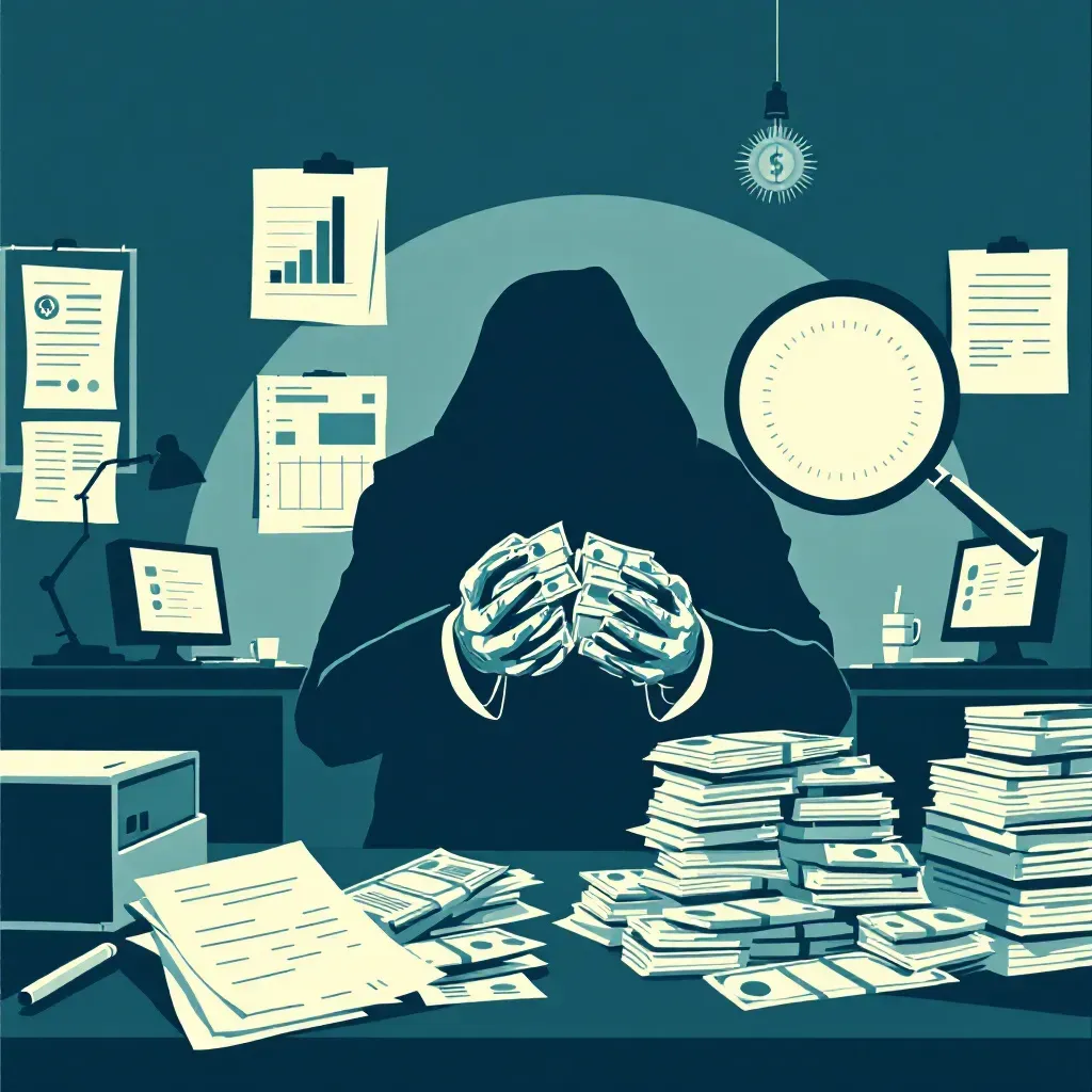 A shadowy figure secretly exchanging stacks of cash in a dimly lit office, surrounded by piles of documents, computers displaying spreadsheets, and a large magnifying glass highlighting financial records.