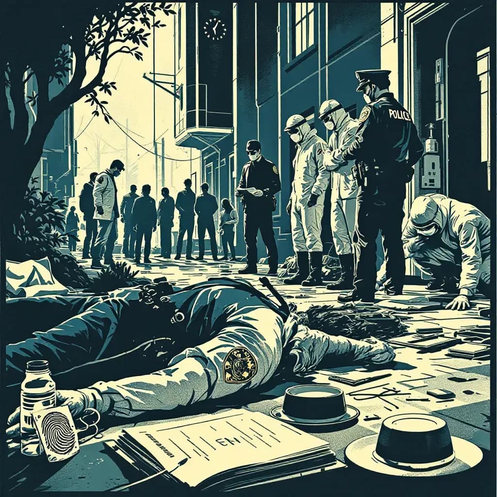 A crime scene with a fallen police officer, forensic teams gathering evidence, distressed colleagues, and investigative tools like fingerprint kits and cameras, highlighting the urgency and gravity of the investigation.