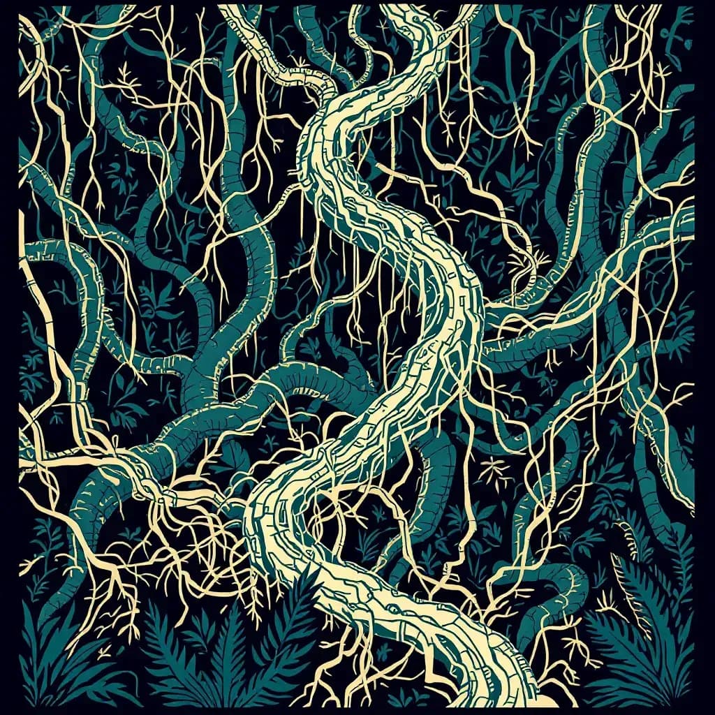 A dense, lawless jungle intertwines with tangled computer networks, symbolizing environments like wastelands and the dark web where crime flourishes and investigators face challenges.