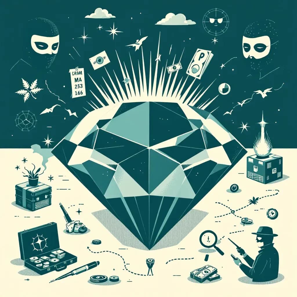 Scene depicting a large polished diamond surrounded by symbols of crime such as a masked burglar, a briefcase of cash, smuggling routes on a map, and forensic tools analyzing the gem.