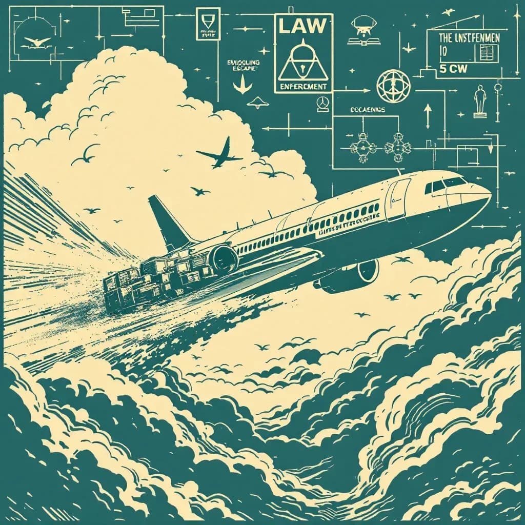 An aircraft cruising in mid-flight, clandestine cargo hidden inside, with a backdrop of law enforcement diagrams, representing smuggling and escape; symbols of terror, heightening criminal investigation challenges.
