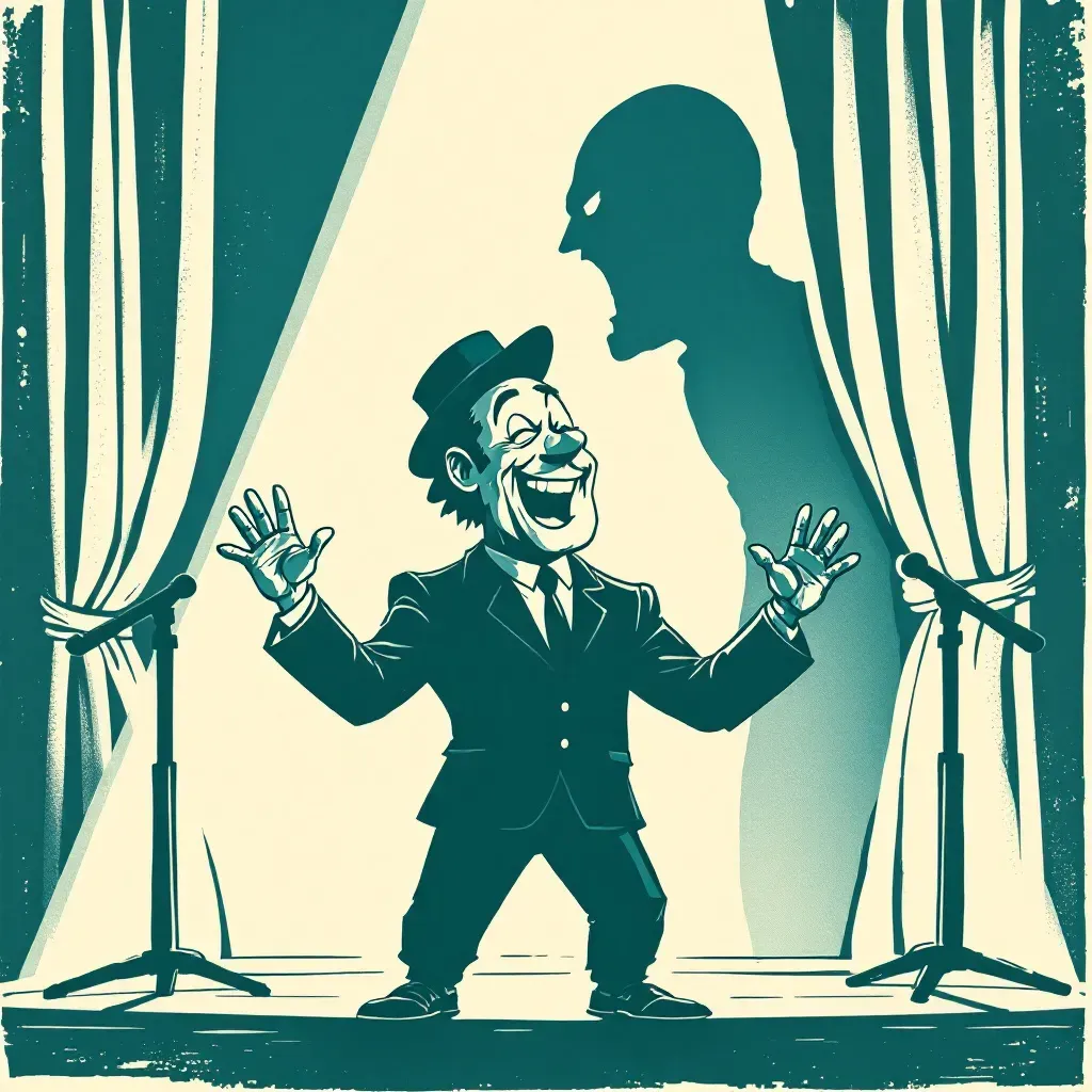 A comedian on stage laughing, with a shadowy figure behind representing their criminal secret, symbolizing the duality of humor and crime.