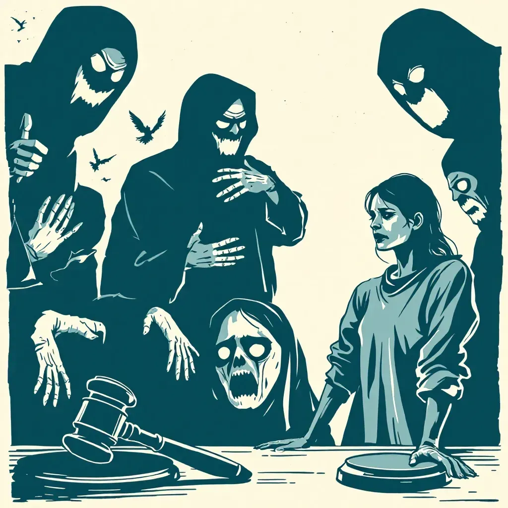 A tense scene depicting a victim in the foreground, showing signs of distress, with shadowy figures looming in the background symbolizing various forms of abuse; a gavel rests nearby, indicating justice.
