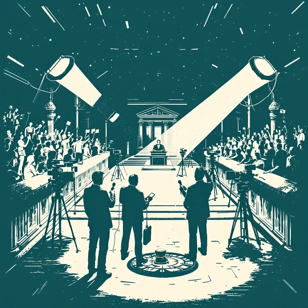 Media influences a true crime scene, with reporters, cameras, and microphones surrounding an ongoing investigation, a judge's gavel symbolizing trial proceedings, illustrating the impact and ethical dilemmas of coverage.