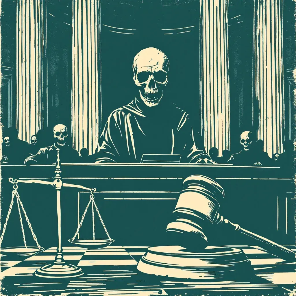 A courtroom scene where a gavel rests beside a judge's bench, with symbolic scales of justice, highlighting the grim shadow of wrongful executions looming in the background.