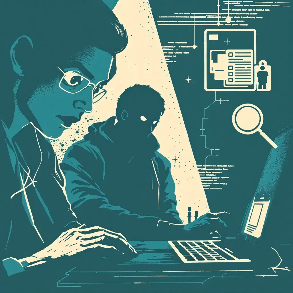 A figure lurking in the shadows watching a person unknowingly, digital devices showing surveillance, and a magnifying glass examining evidence representing stalking investigation.