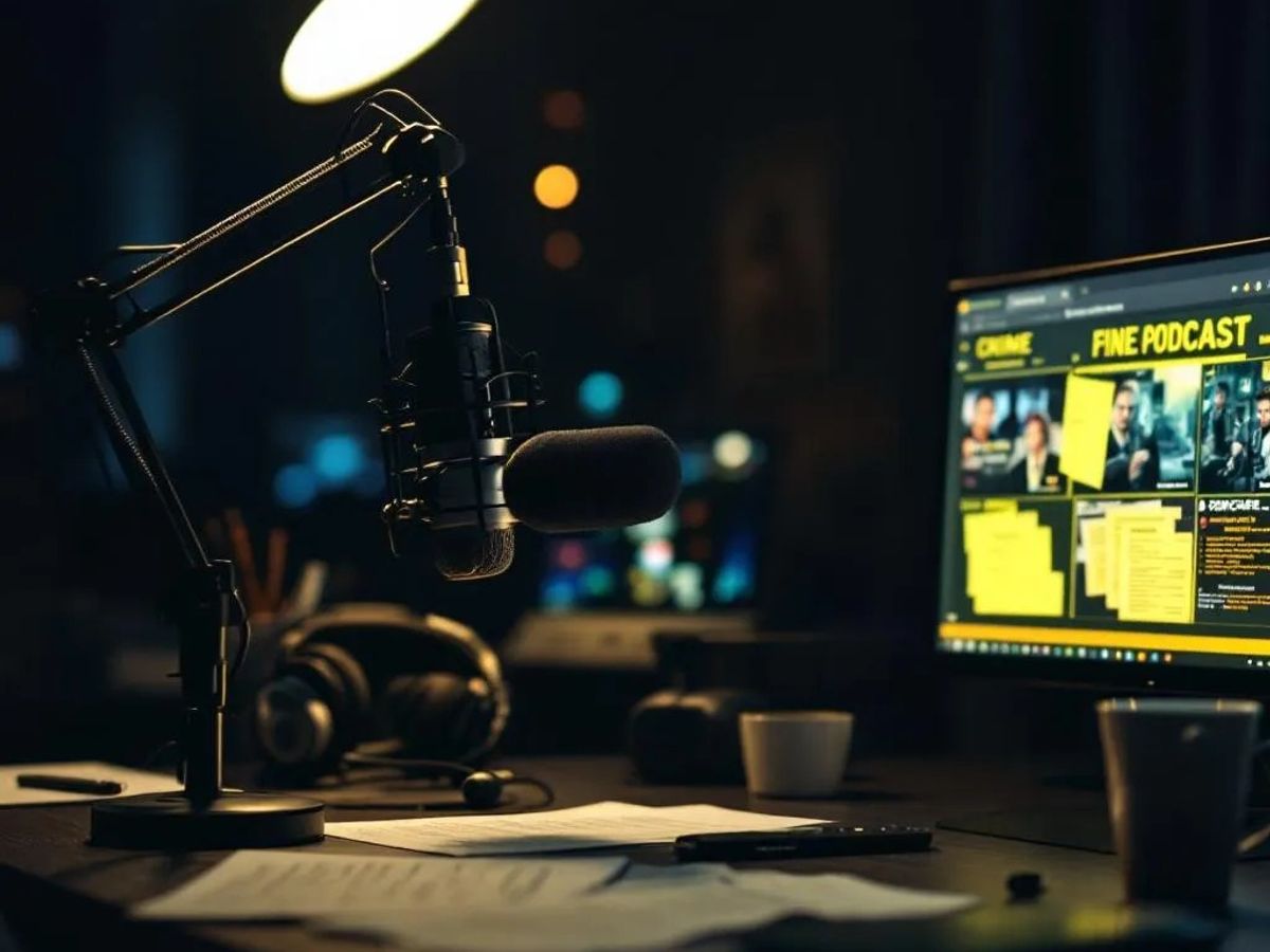 Ugens true crime guide uge 19 2026 — journalist desk med mikrofon, headphones og krimidokumentation